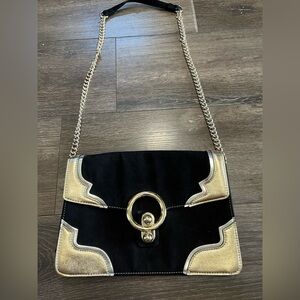 Express Suede Black and Gold Chain Shoulder Bag